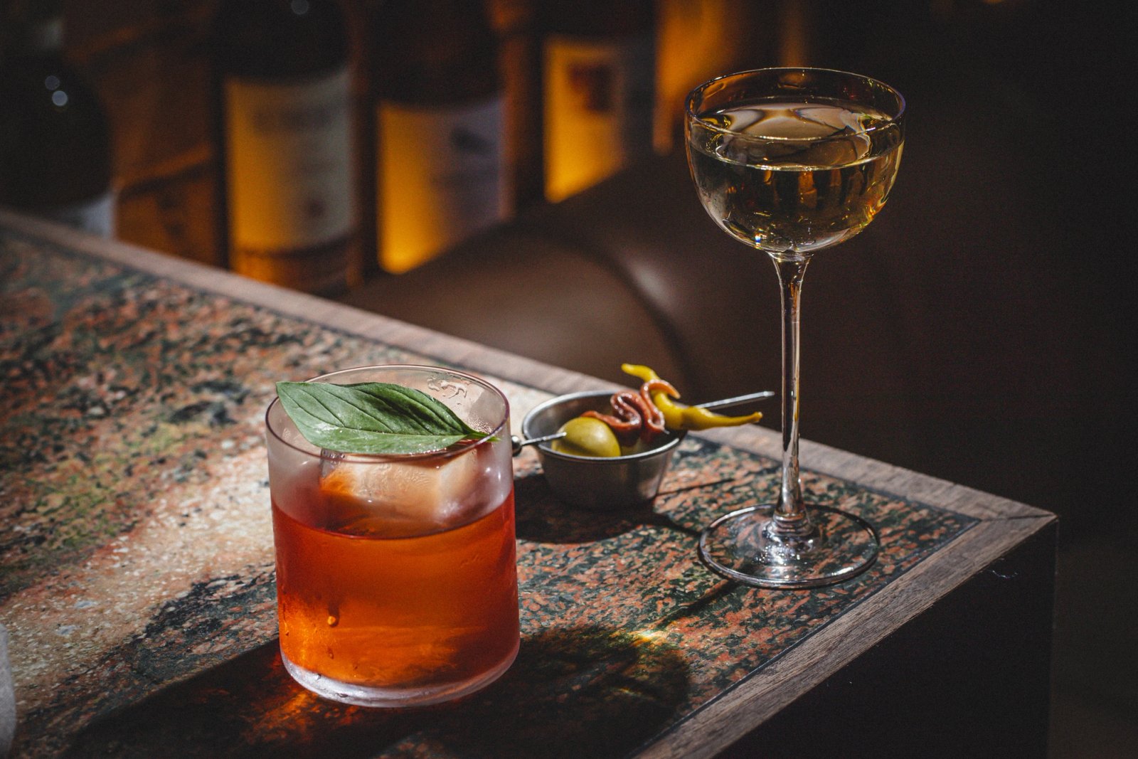 Cocktail and wine glasses on the Ragazzi bar